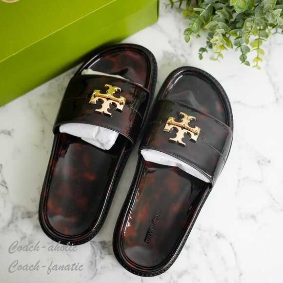 Tory Burch Everly Anatomic Lug Slide Sandal in Tortoise Patent Leather Size 7/8